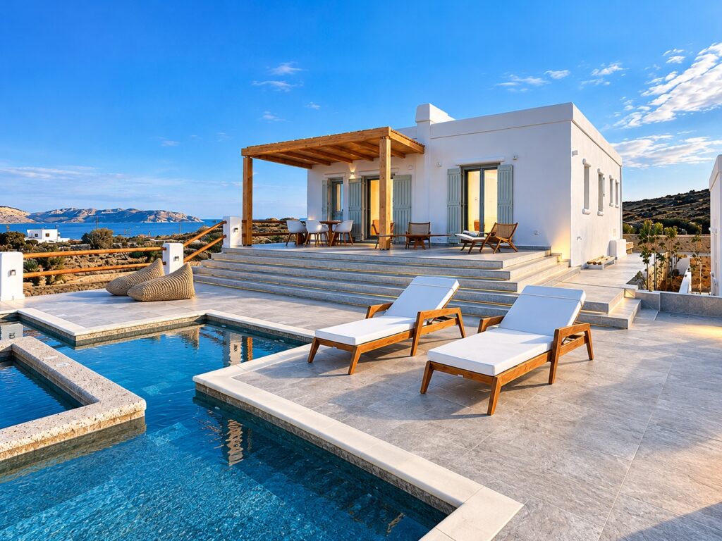Villa with Private Pool & Jacuzzi, Aeris Suites Pori – private pool, sun loungers and pergola in daylight